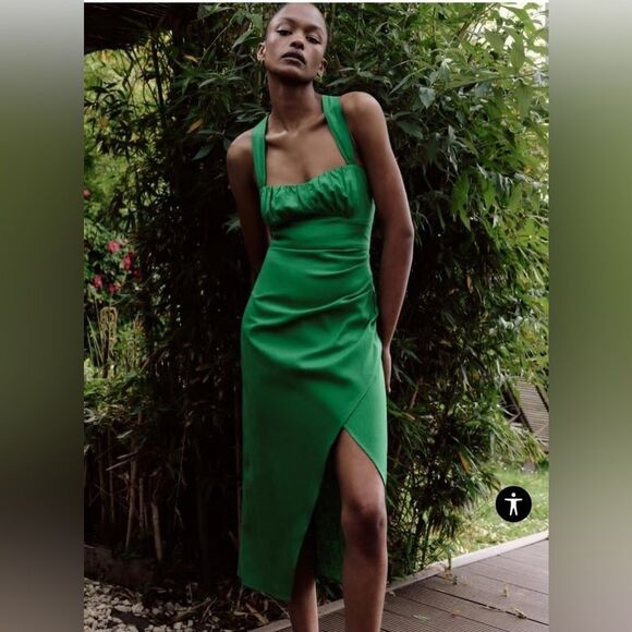 Zara Linen Blend Draped Green Dress New - Picture 3 of 10